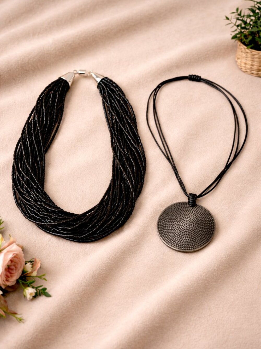 Bundle | Textured Disc Pendant + Multi-Strand Beaded Set